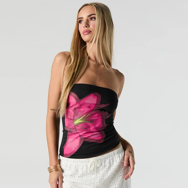 Nsauye 2025 Fashion Women Summer Y2K Clothes Skinny Floral Print Mini Tube Tank Tops Sleeveless Sexy Club High Street Crop Tops