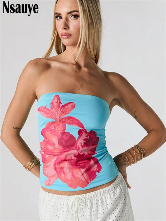 Nsauye 2025 Fashion Women Summer Y2K Clothes Skinny Floral Print Mini Tube Tank Tops Sleeveless Sexy Club High Street Crop Tops