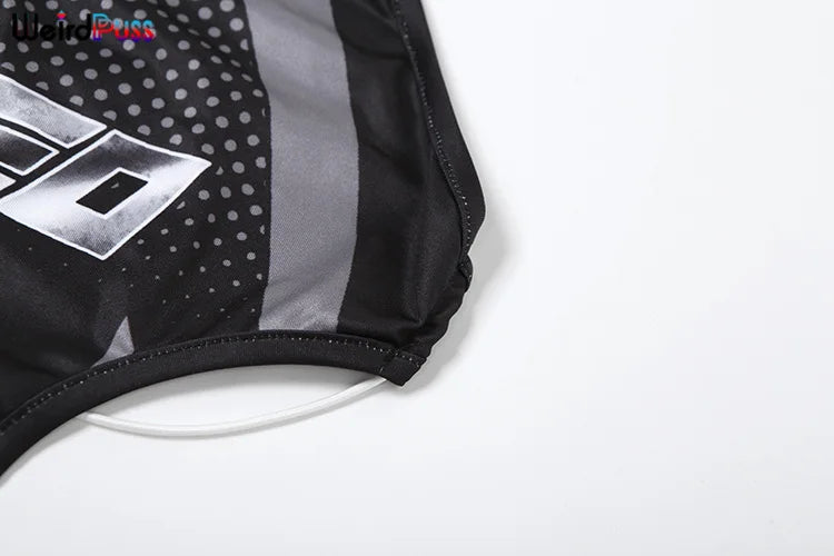 Weird Puss Halter Hollow Bodysuit Woman Summer Backless Straps Zipper Sexy Print Wild Fashion Trend Streetwear Skinny Clubwear