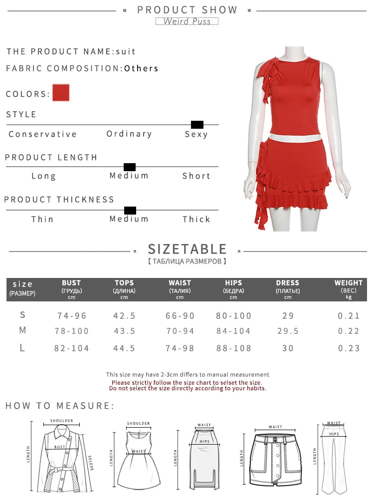 Weird Puss Women 2Piece Set Double-Deck Pleated Tassel Mini Skirt+Bandage Slim Tank Top Festival Party Sexy Matching Outfits