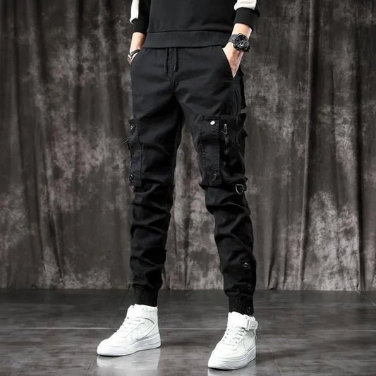 Trendy Men's Spring Autumn Cargo Pants Slim Fit Casual Style Loose Fit American Style Multiple Pocket Small Foot Pants Black