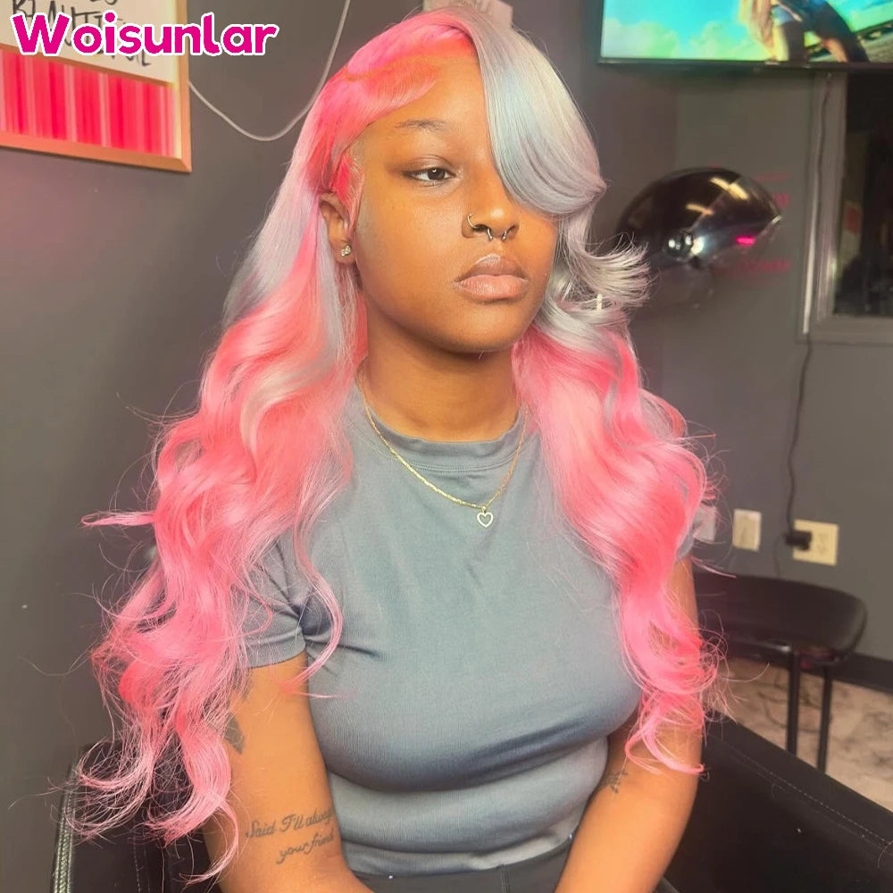 34 inches Ombre Pink and grey Front Lace wigs human hair 13x6 13x4 Transparent Lace body wave 200% For Women Human Hair Wig 100%