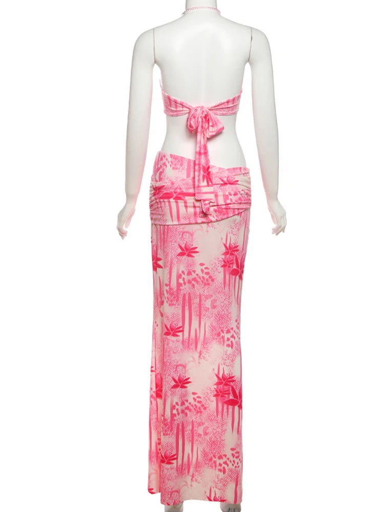 Weird Puss Fashion Patchwork 2 Piece Set Women Pearls Necklace Halter Applique Crop Tops+Skinny Skirts Vacation Beach Style Suit