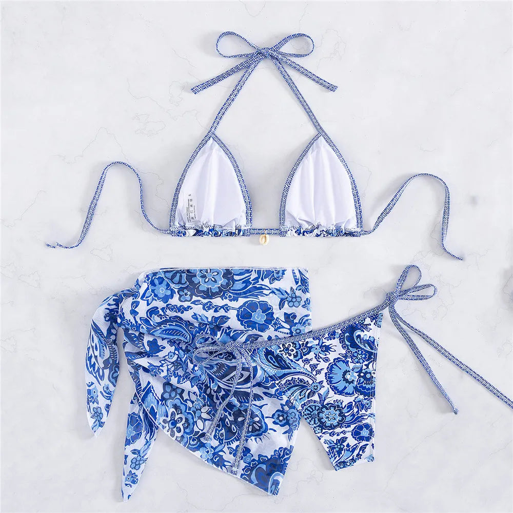 Vintage Blue Floral Print Swimwear Halter String Triangle 3 Piece Bikini Set Cover Ups Sexy Swimsuit Women 2026 Bikinis De Muejr