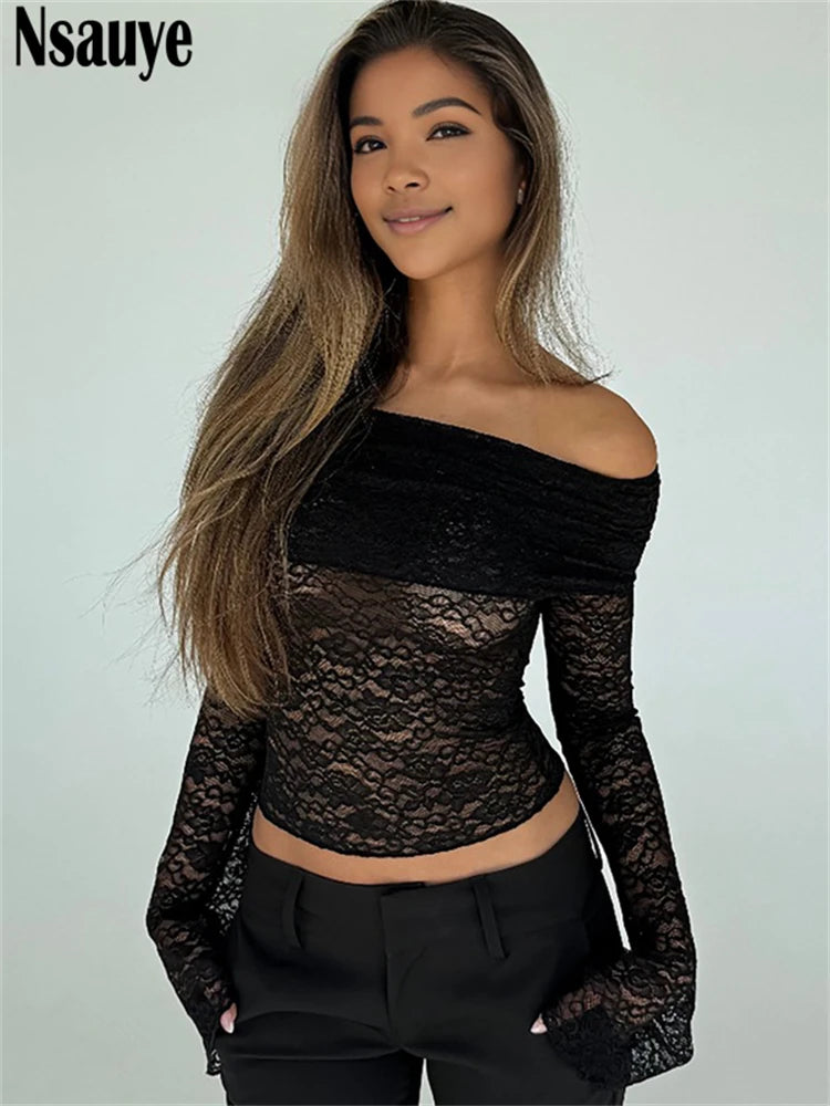 Nsauye Women Skinny Sexy Lace Mesh Fashion Elegant Long Sleeve Basic Cropped T Shirt Tops 2025 Summer Night Club Mini Blouse