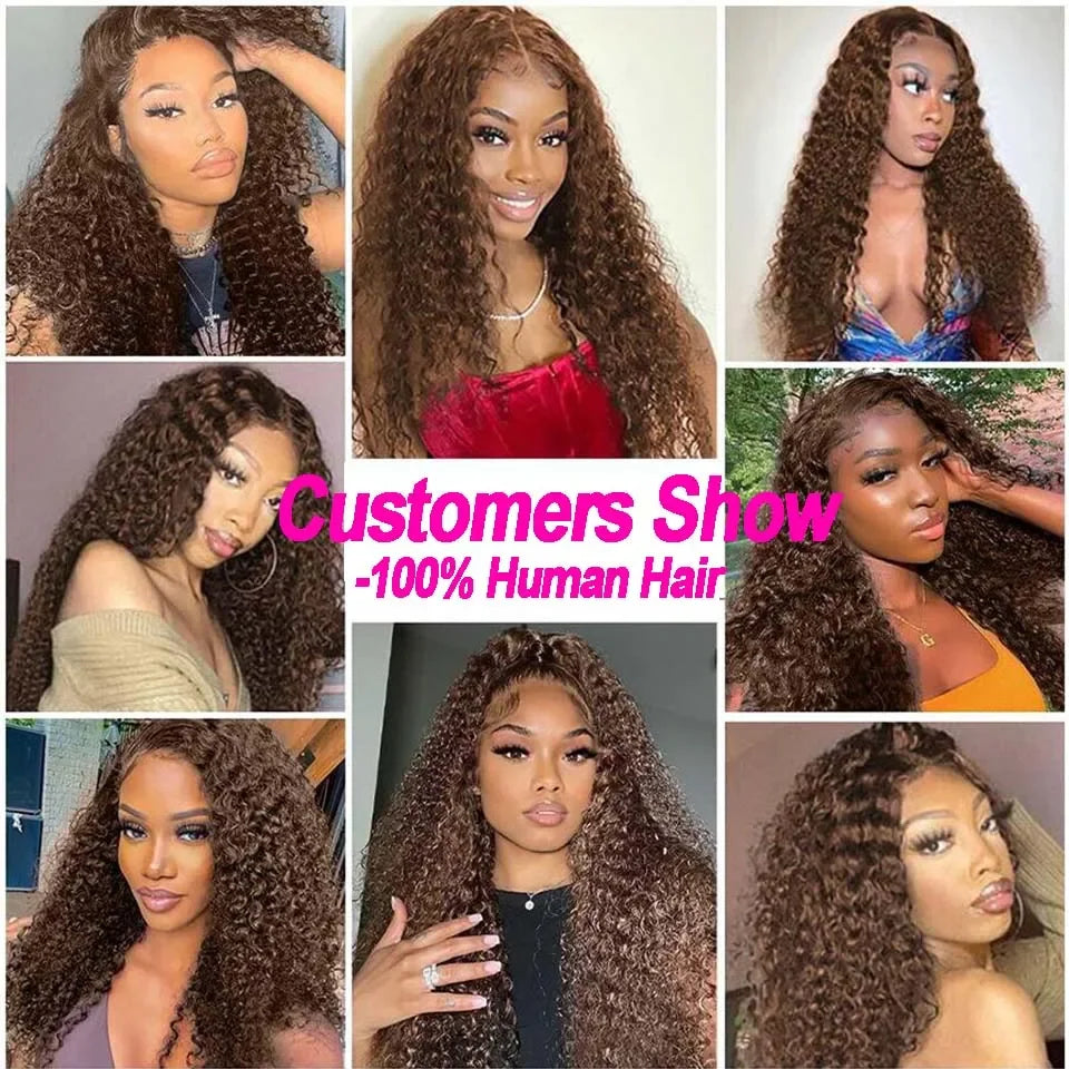 Chocolate Brown 13x4 Kinky Curly Lace Front Human Hair Wigs Pre Plucked Colored 13x6 Deep Wave Transparent Lace Frontal Wig