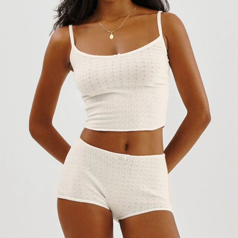 Women Casual Lounge Suit Vintage Cottage Eyelet 2 Piece Set Outfits Spaghetti Strap Camisole + Micro Shorts Y2K Kawaii Crop Tops