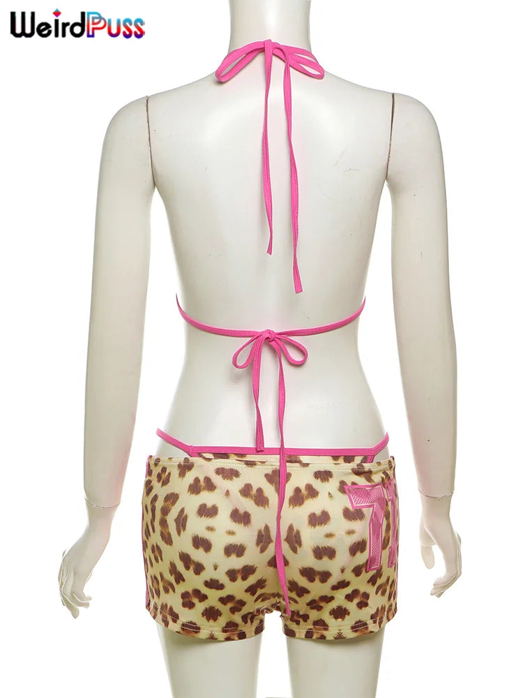 Weird Puss Leopard Print Sexy 3 Piece Set Women Beach Vacation Halter Bra+Panties+Shorts Summer Midnight Matching Party Clubwear