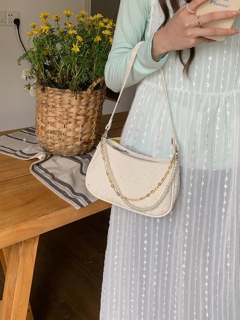 Pink Shoulder Bag Elegant Cute Bow Pearl Chains Bow Embroidery Handbag Casual Leather Korean Fashion Female Handbag