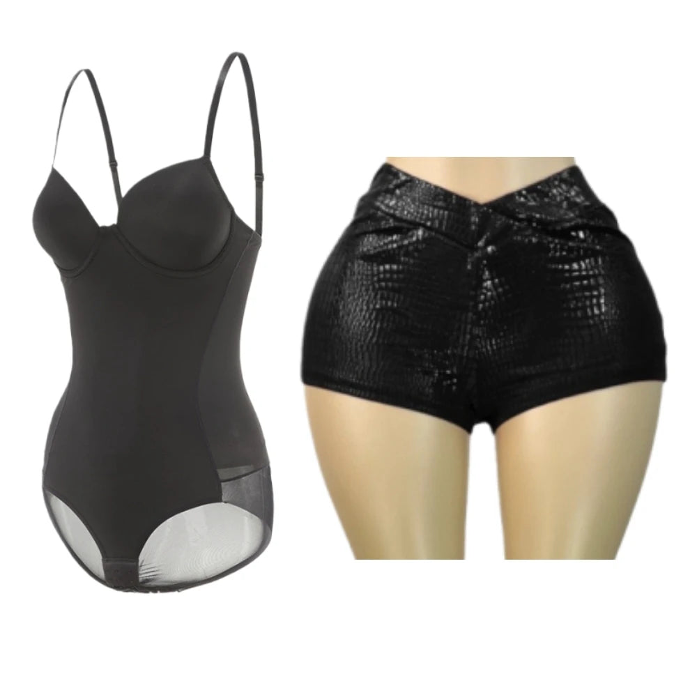 HLJ&GG Sexy Bodycon Spaghetti Strap Bodysuits Two Piece Sets Women V Neck Sleeveless Backless Top + Leather Snake Shorts Outfits