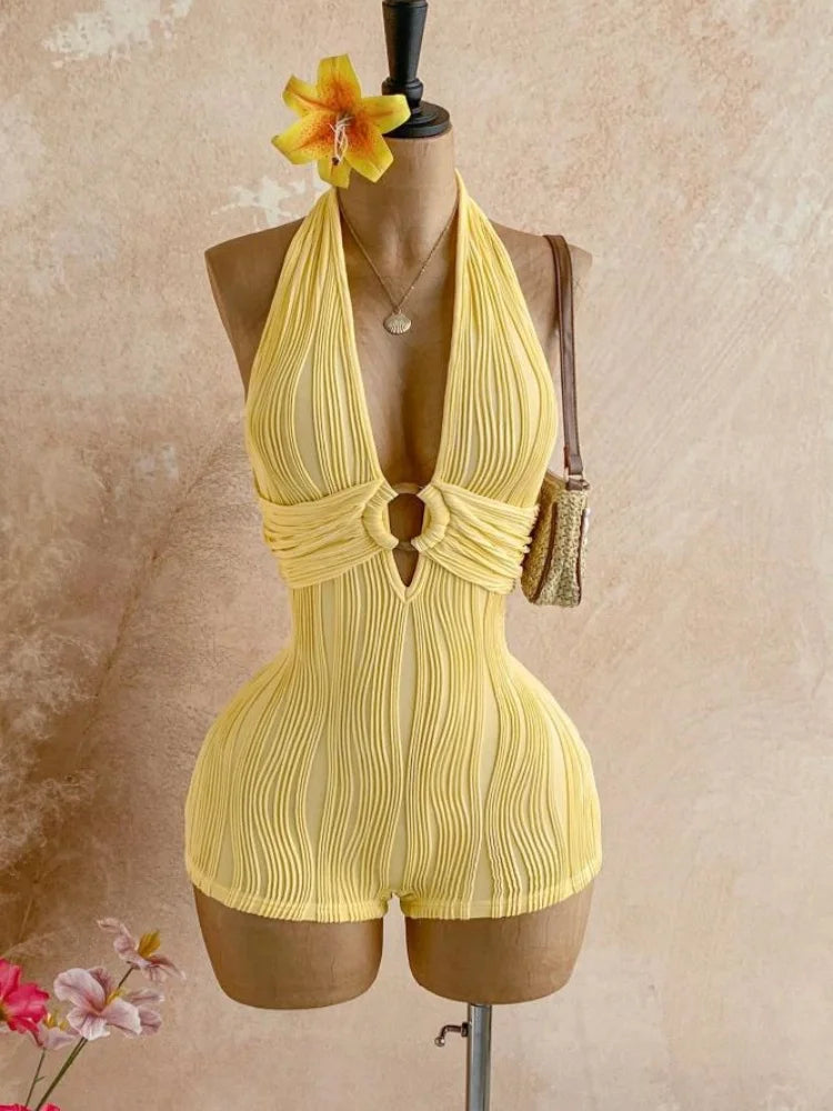 Women's Textured Knitted Bodysuit Orange Striped Circular Decoration Hanging Neck V Neck Jumpsuit Summer Holiday Crochet Romper