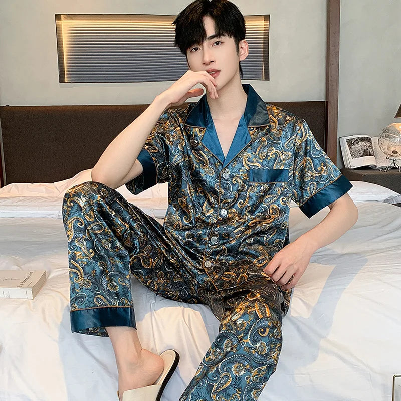 Silk Satin Pajamas for Men Sleepwear Cozy Soft Print Long Sleeve Nightgown Tops + Trousers Two Pieces Mens Pajama Set