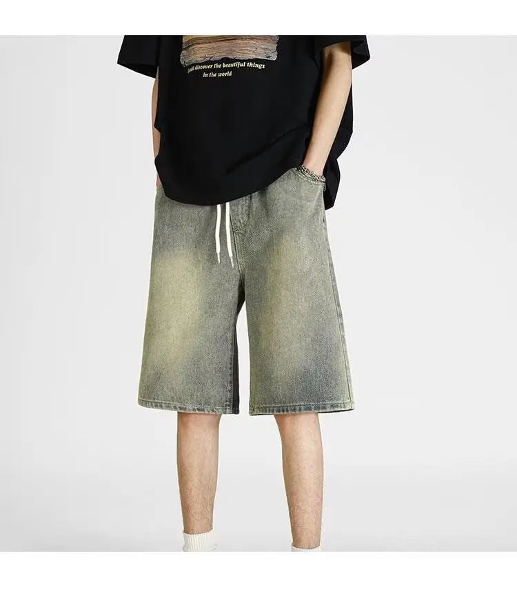 denim shorts, men's 2025 summer thin style retro loose American fashion brand casual five inch mid length pants