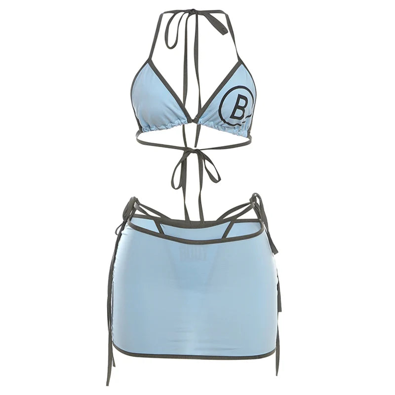 Weird Puss Letter Print 3Piece Set Women Sexy Summer Beach Vacation Bra+Bandage Briefs+Skirts Hipster Midnight Matching Clubwear