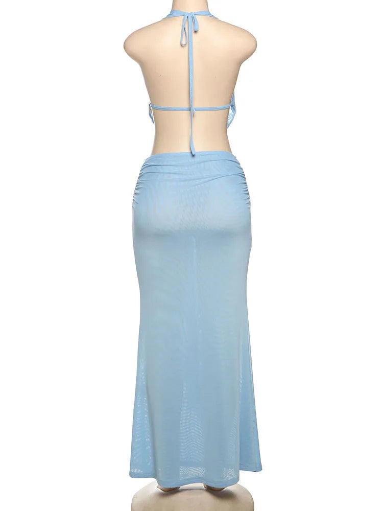 Weird Puss See Through Women 2 Piece Set Y2K Halter Swing Collar Seashell Tank Tops+Ruched Waist Maxi Skirts Midnight Clubwear