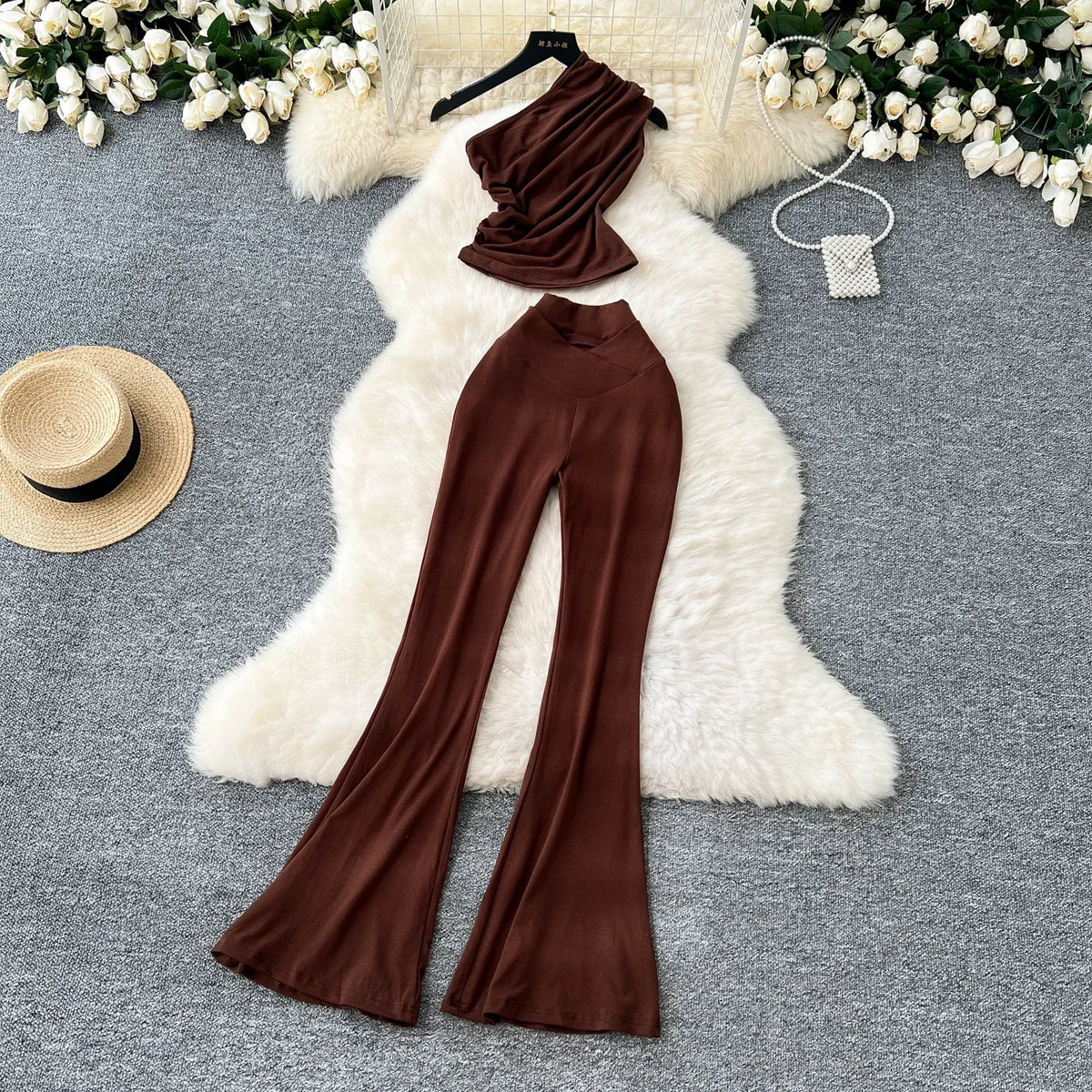 Chic Women Two-Piece Sets Vintage Diagonal Collar Sleeveless Pleated Top and High Waist Flare Pants Korean High Street Clothing