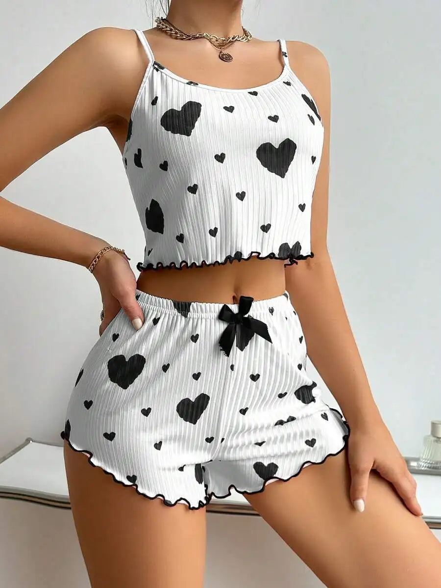 Cherry Temptation Home Love Print Flowing-Sleeve Short Pants for Casual Wearing, Women's Sleepwear Set