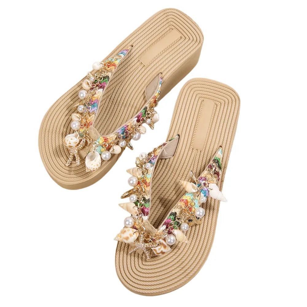 Creative Seahorse Bohemian Starfish Flip Flops Starfish Conch Women Shell Slippers Ocean Beach Pearl Girl Summer Sandal Lady