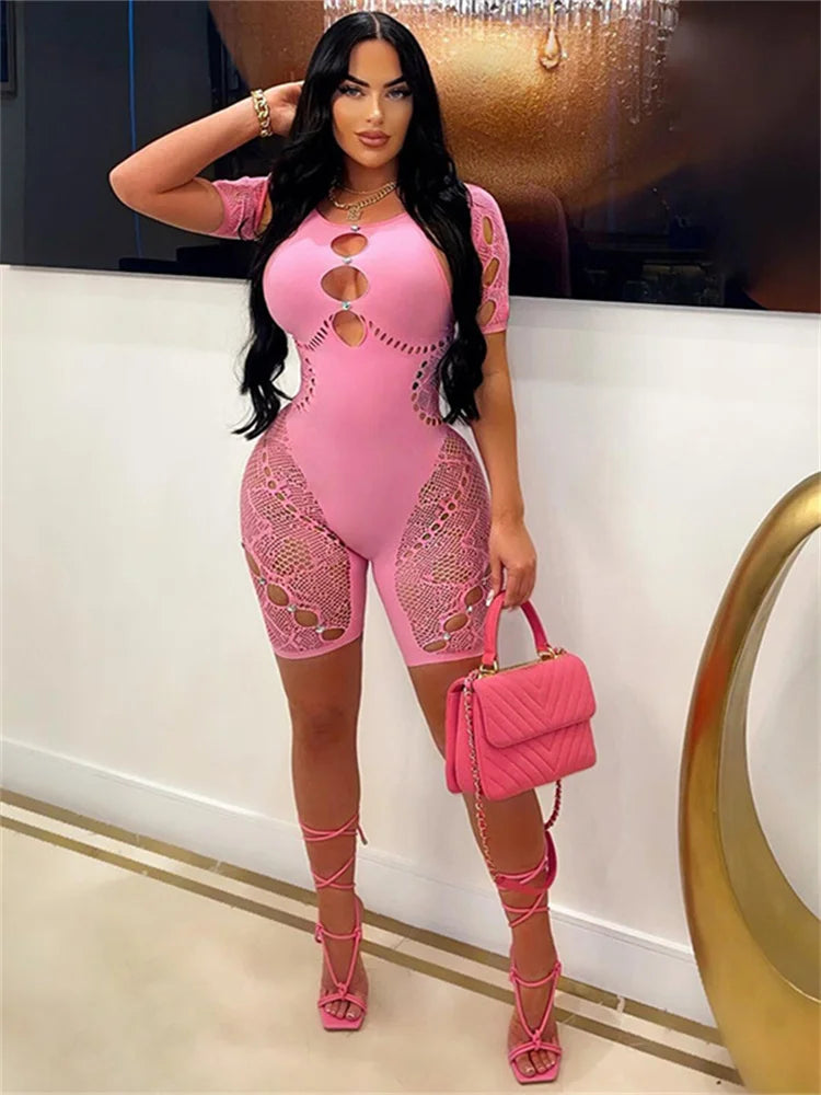 Club Outfits Sexy Jumpsuits for Women Short Sleeve Bodycon Rompers Jumpsuit Skinny Pink Mesh See Though One-piece Overalls 2024