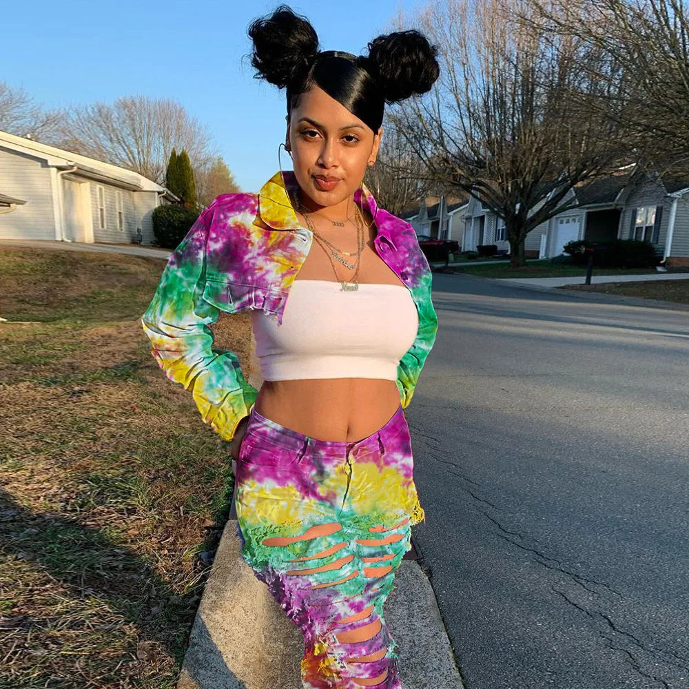 CM.YAYA Autumn Tie Dye Women Long Sleeve Mini jeans Coat Fashion Lady Jackets