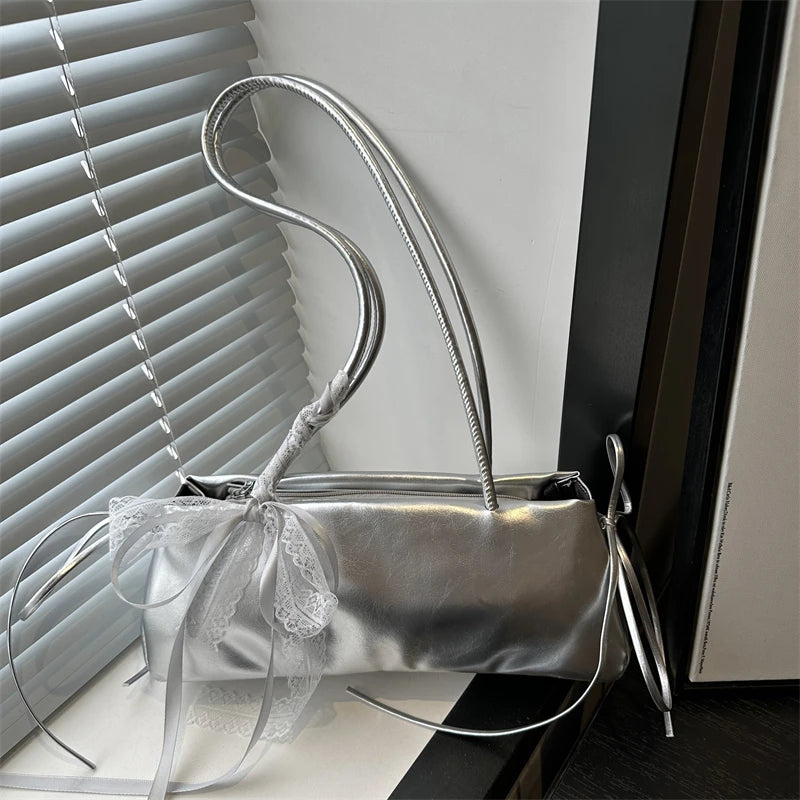 Korean Bow Ribbon Handbag Fashion Lace Square Shoulder Bag French Elegant Baguette Bag Leisure Large Capacity Tote Underarm Bag