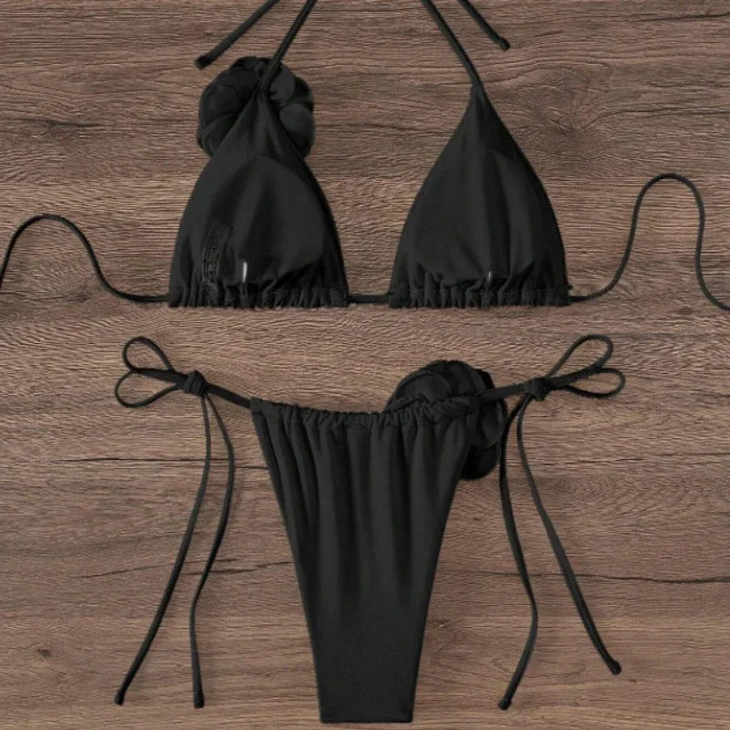 S - L Sexy 3D Flowers Halter Strappy Bikini, Swimwear Swimsuit Two-pieces Bikini Set Bather Bathing Suit Swim