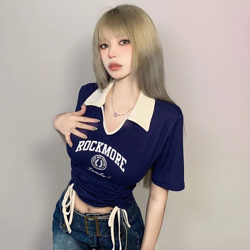 Women Designer Sweet Spicy Style Clothes Lady Drawstring Tie Up Crop Tops Female Turndown Collar Graphic Short Sleeved T-shirts