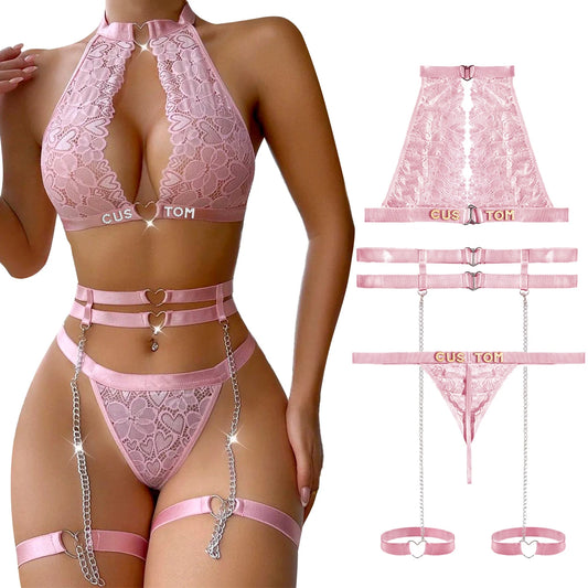 Sexy Customized Name Underwear Set Perspective Fancy Lace Top Set 3 Pieces Transparent See Through Bra and thong Set