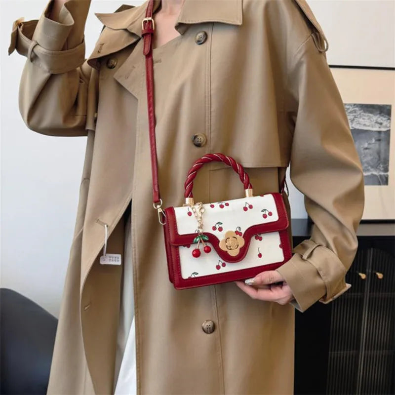 Cute Cherry Printed Handbag Shoulder Bag, Woven Handle Square Tote Bag, Fresh Design Women's Crossbody Bag, Stylish Women Bag