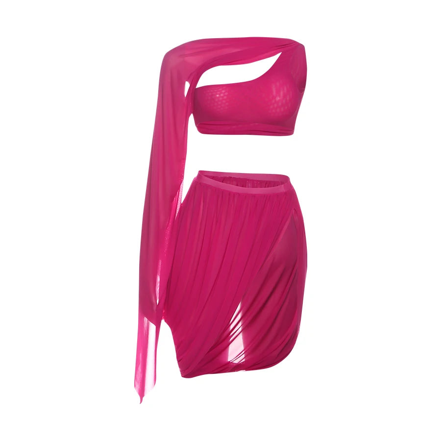 Weird Puss Y2K Sexy 2 Piece Set Women See Through Midnight Irregular Full Sleeve Crop Tops+Ruched Split Skirts Matching Clubwear