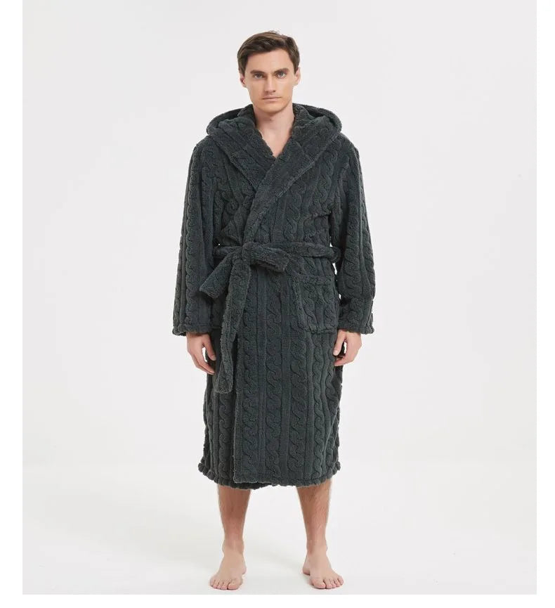 Warm Sleepwear Thicken Jacquard Flannel Men Robe Plush Coral Fleece Hooded Bathrobe Gown Winter Lounge Wear Home Wear Nightwear