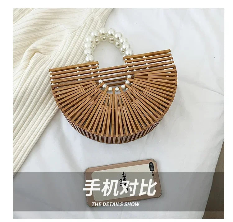 Women's Hand - Woven Bamboo Bag | Bamboo Woven Basket Style, Beach Vacation Essential, Handheld Bucket Design