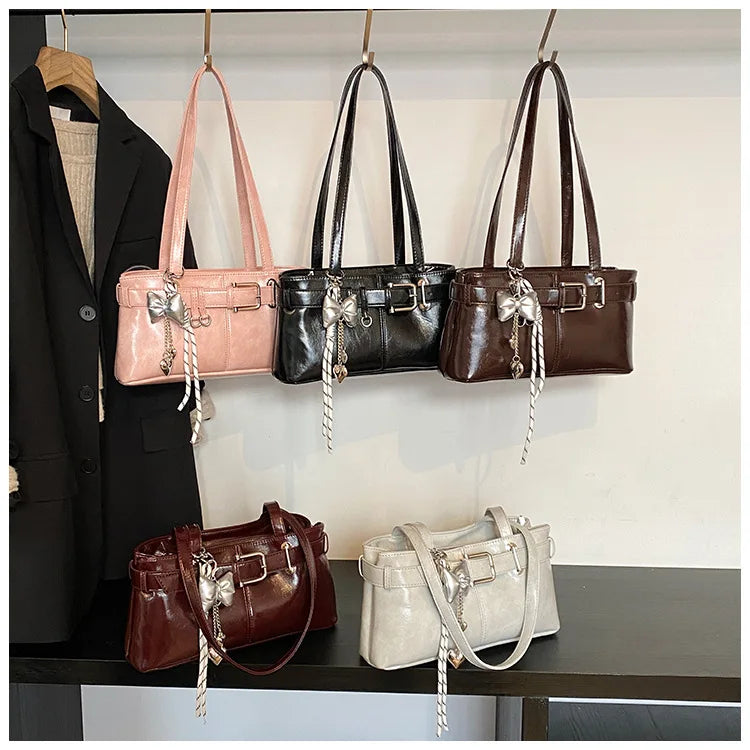 Belt Buckle Design Shoulder Satchels Bag for Women 2025 New in Luxury Designer Handbags Branded Fashion Totes with Pendant Сумка