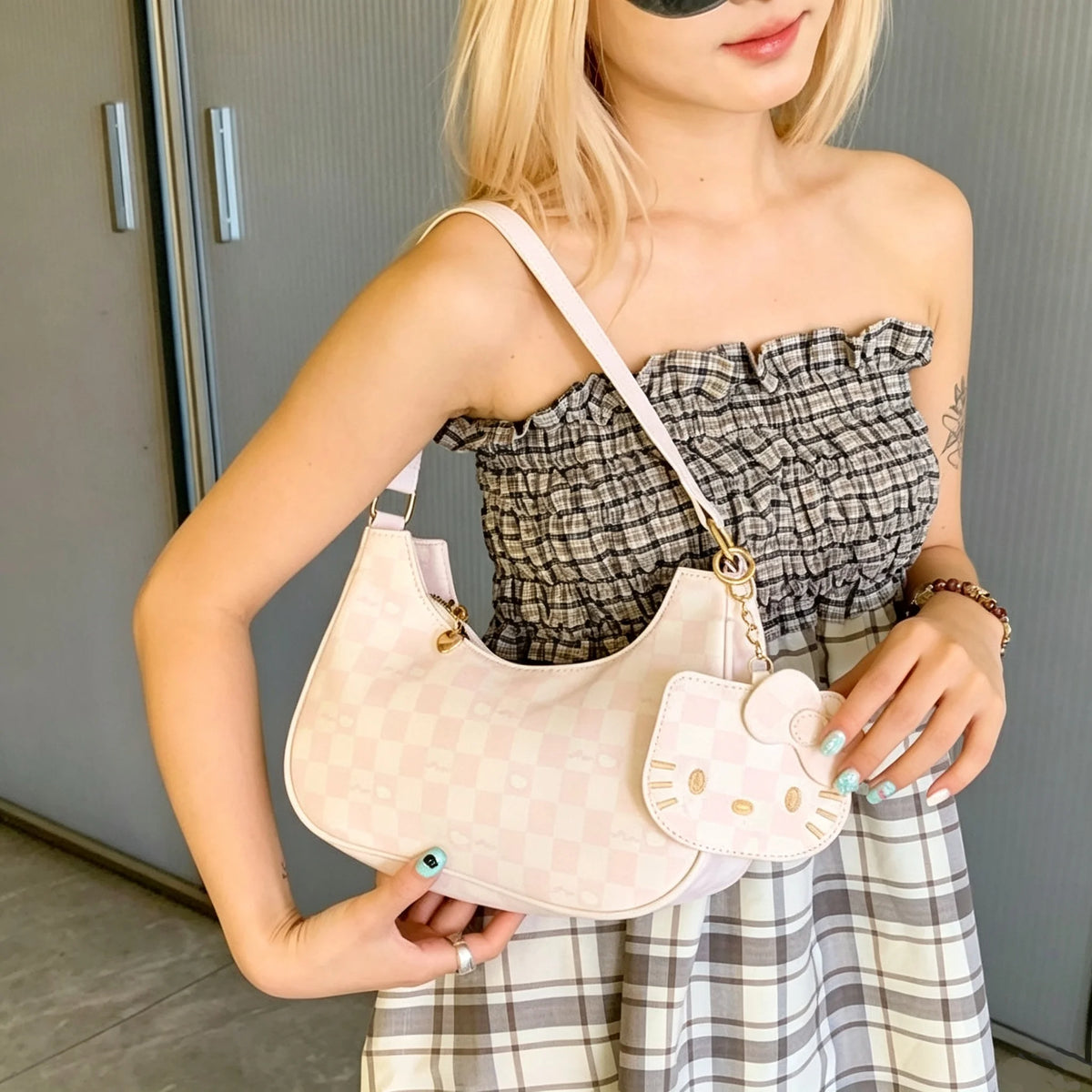 Women Y2K Cute Underarm Shoulder Bag Checkerboard Pattern PU Leather Hobo Bag With Cartoon Pendant Sweet Girls Fashion Daily Handbag Purse
