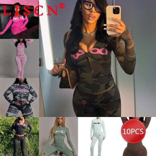 10 Wholesale Fall Tracksuits Camouflage Printing Two Piece Set Womens Outfits Slim Long Sleeve Hooded Jackets + Pants K15697_2