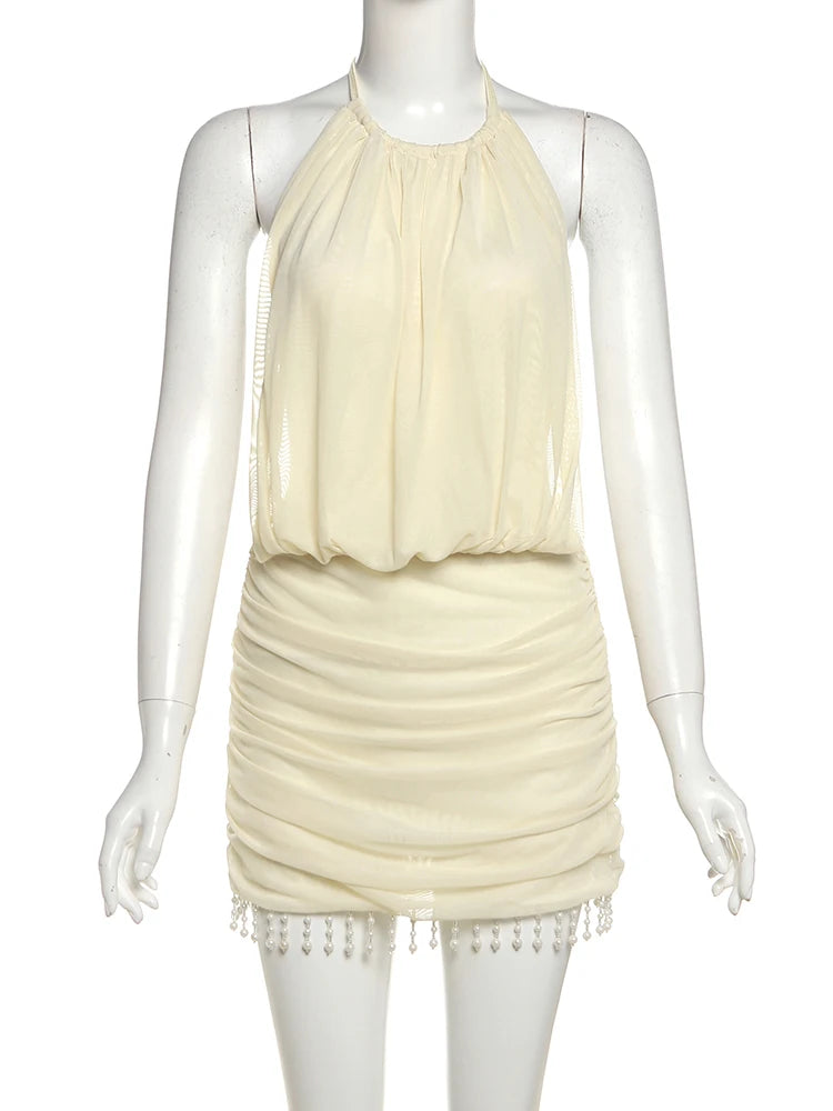 Mesh Lace-Up Halter Pearl Tassel Mini Dress — Women's Club