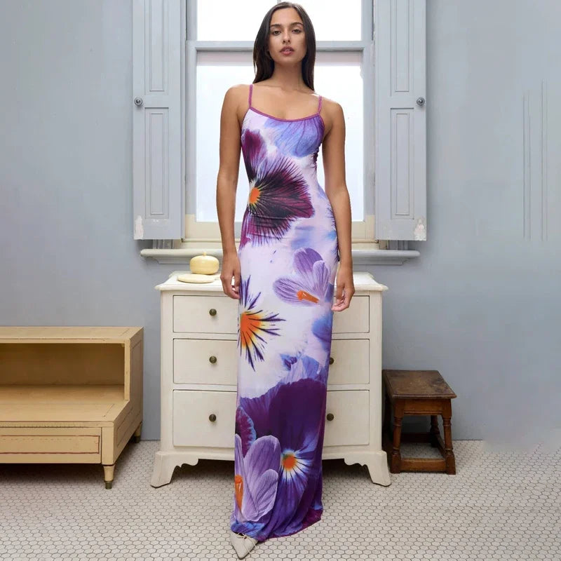 Elegant Printed Backless Long Dress Summer Women's Fashion Contrast Color Party Dress Patchwork Suspender Long Dress 2024 New