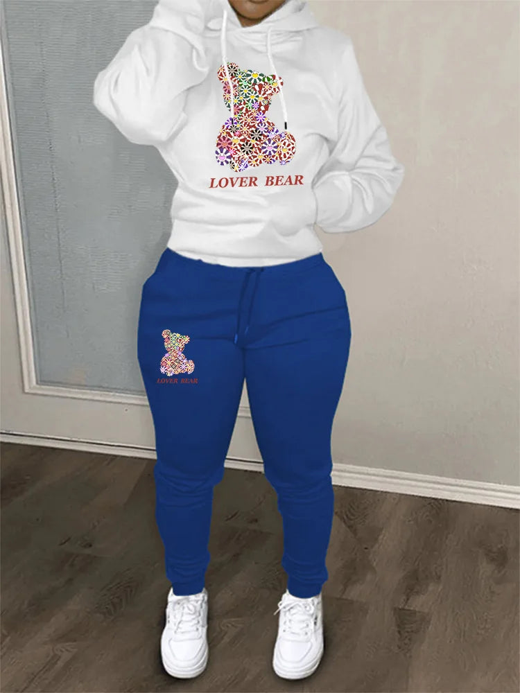 Women's Hoodies Sets Pants Suit 2 Piece Outfits 2025 New Letter Print Bear Aesthetics Sweatshirt and Sweatpants Womens Tracksuit