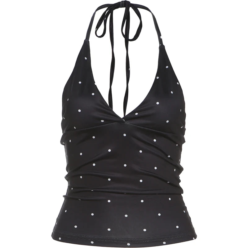 Weird Puss Polka Dot Print Tank Tops Women V-Neck Halter Lace-Up Backless Sleeveless Skinny Sexy Daily Street Summer Basic Vest