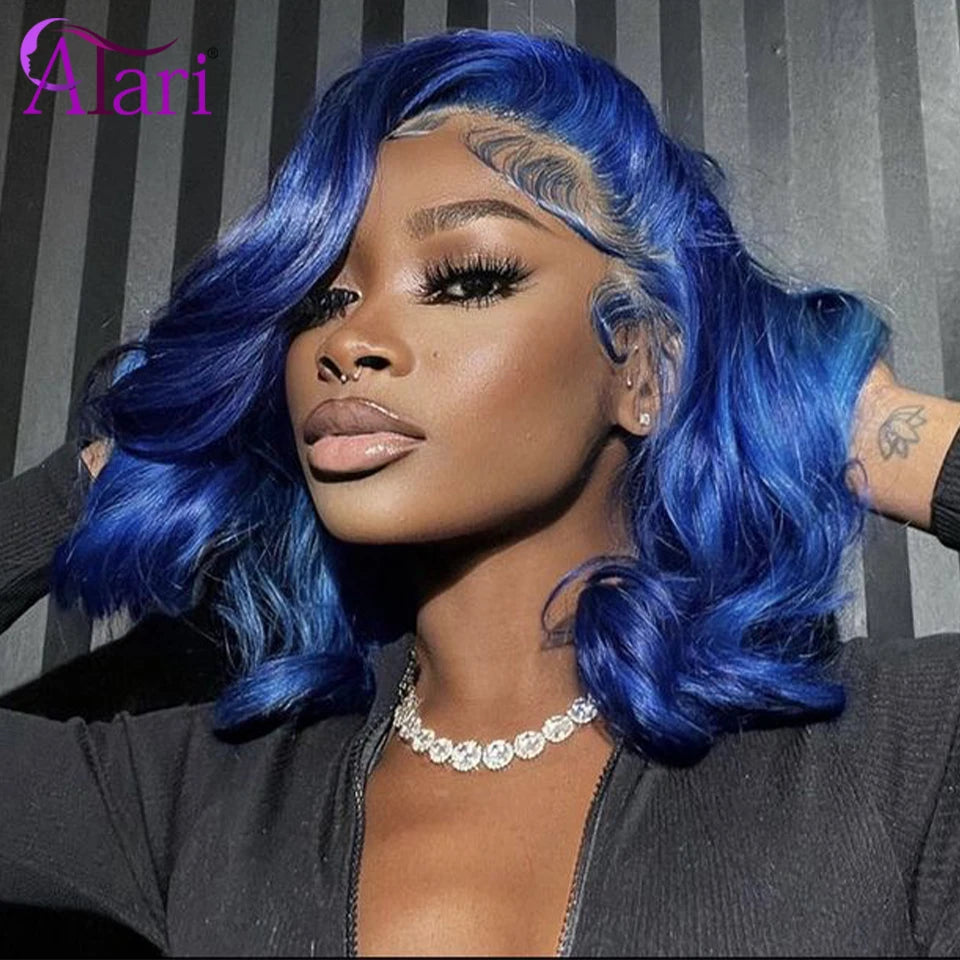 Midnight Blue Short Bob Human Hair Wigs Transparent 13x4 Full Lace Frontal Body Wave Wig Pre Plucked 180 Density Wavy Bob Wig