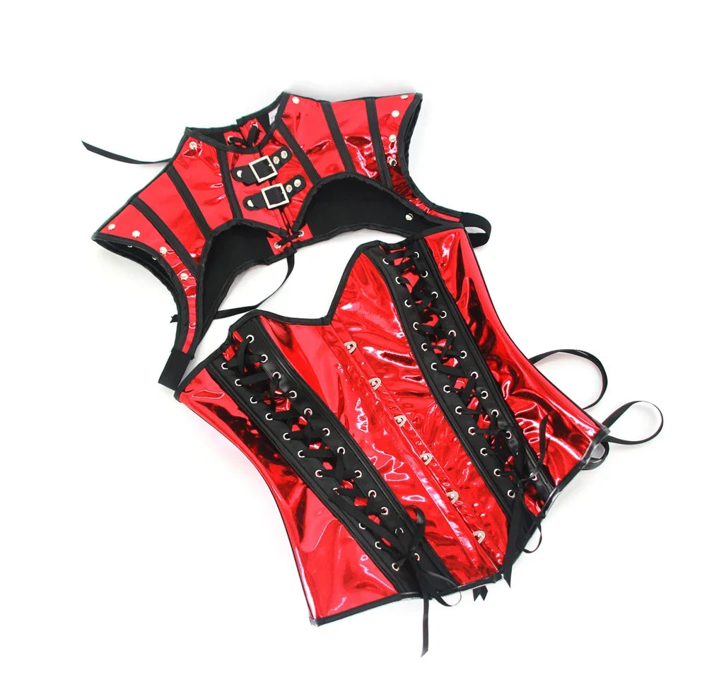 Faux Leather Corset Set Women's Steampunk Gothic Cosplay Game Armor Outfit Sexy Bustier Tops Nightclub Rave Costume