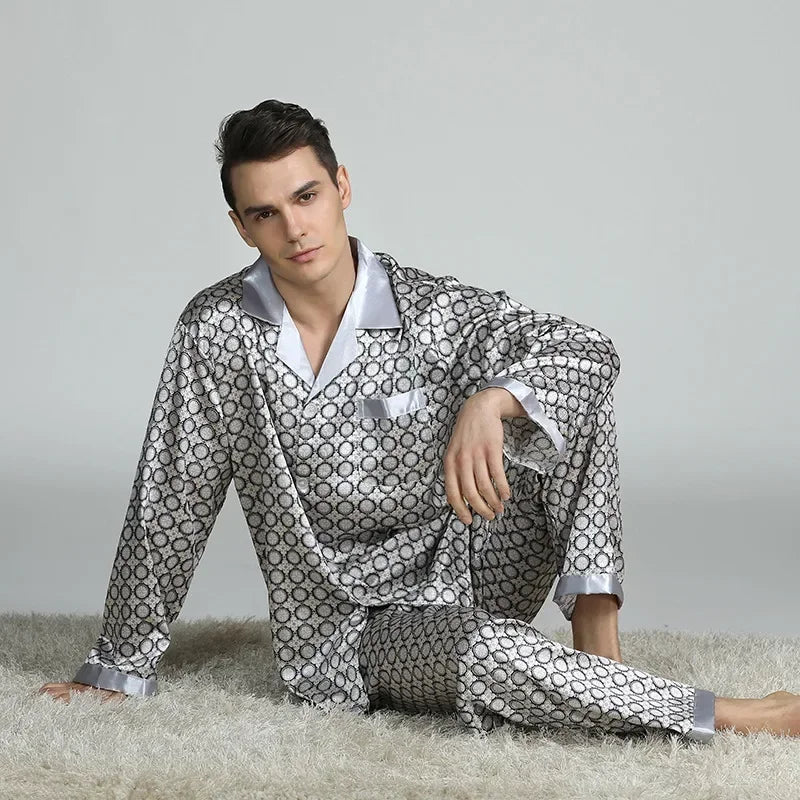Silk Satin Pajamas for Men Sleepwear Cozy Soft Print Long Sleeve Nightgown Tops + Trousers Two Pieces Mens Pajama Set