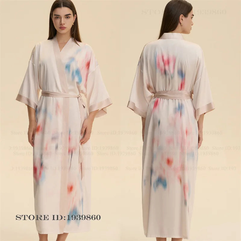 Plus Size Print Flower Long Robe Kimono Gown New Female Sleepwear Bathrobe Home Dress Loose Silky Satin Night Clothes Loungewear