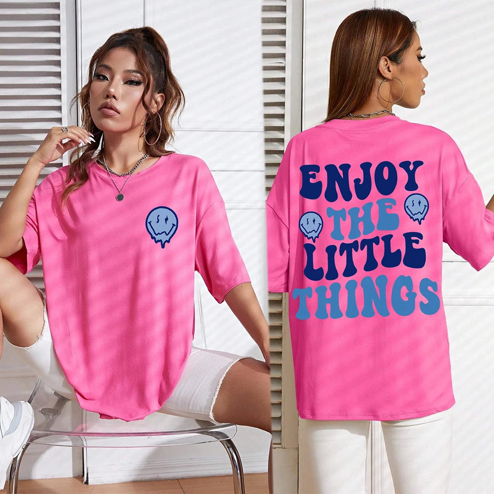 Enjoy The Little Things  Slogan Letter Printed Women T-Shirts Loose Oversized Clothing Personality Street Casual Short Sleeves