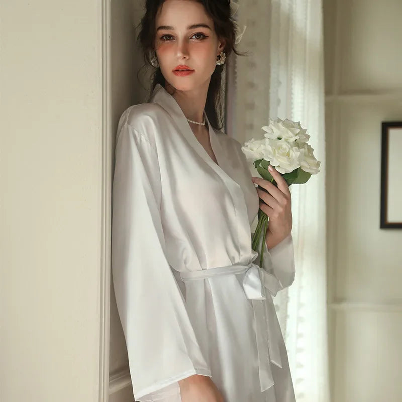 White Silk Satin Bride Bridesmaid Wedding Robe Dress Women's Sleepwear Long Kimono Bathrobe Gown Sexy Loose Home Wear Loungewear