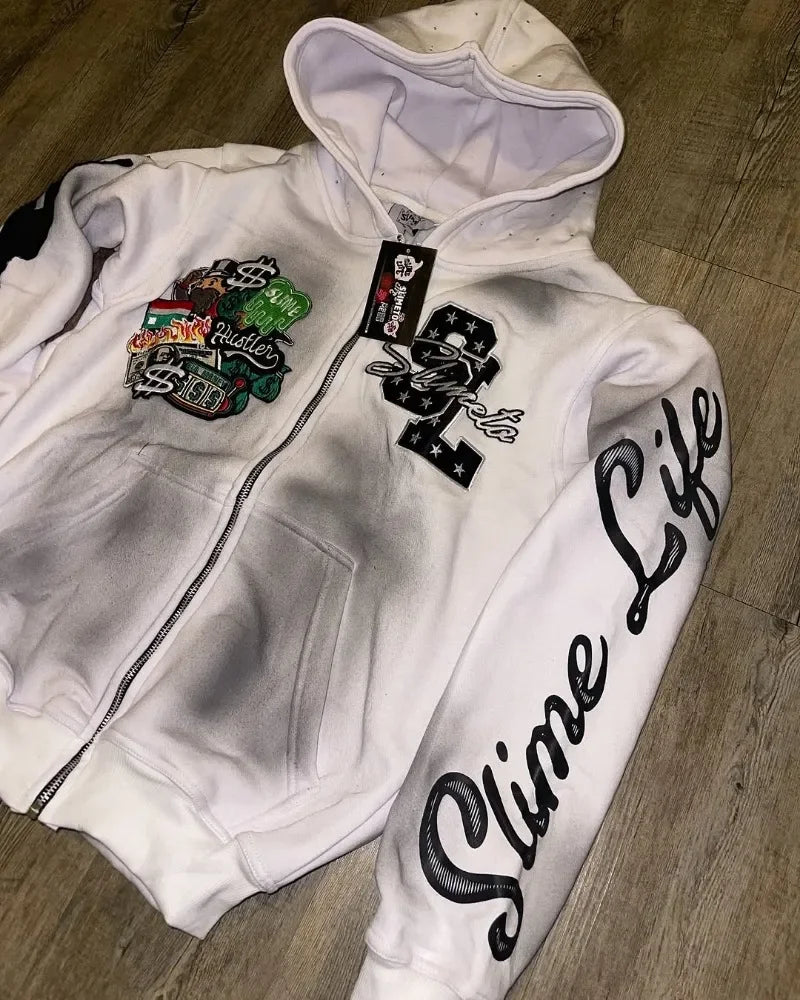 Harajuku Trend Brand Casual Loose Oversized Zipper Hoodie Men Y2k Gothic Retro Letter Flame Embroidered Sweatshirt Jacket Women