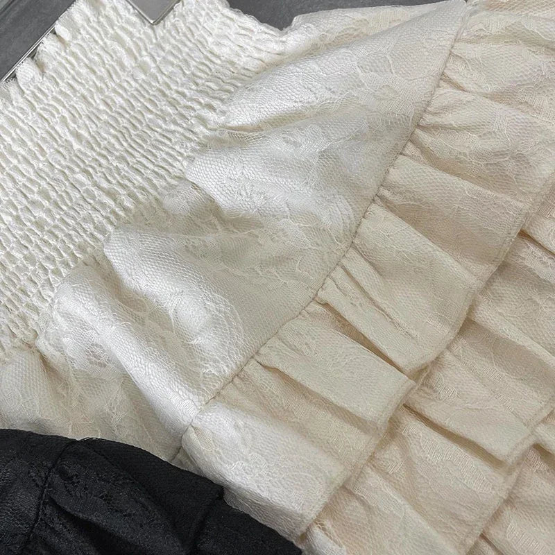 Streetwear Ruffles Mini Skirts Women Sweet Kawaii High Waist Lace A Line Skirt Summer Korean Fashion Black Ball Gown Skirts