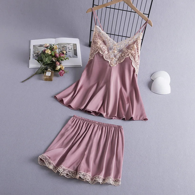 Women Suspender Pajamas Set New Summer Sleepwear Sexy Patchwork Lace Strap Top&Shorts Intimate Lingerie Thin Rayon Home Clothes