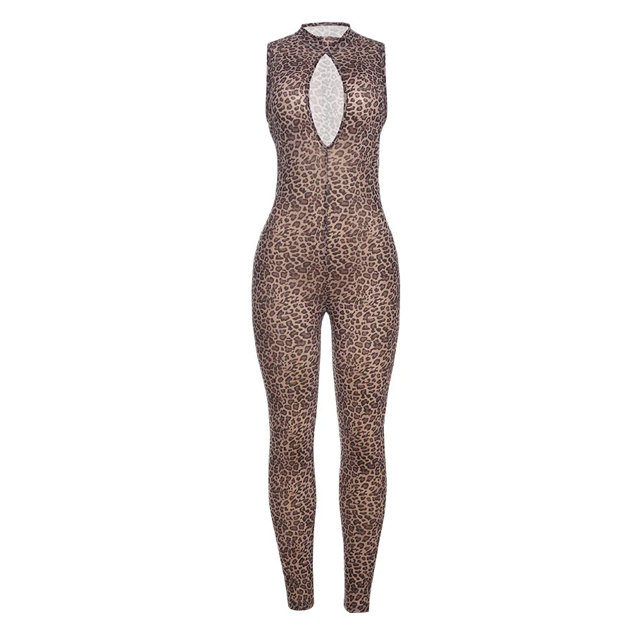 Weird Puss Hollow Jumpsuit Women See Through Sexy Leopard Print Sleeveless Hipster Fit Street Midnight Party Workout Overalls