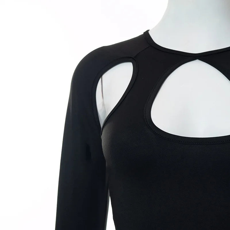 2023 Summer Long Sleeve Cropped Women Top Sexy Aesthetic Club O Neck Fairy Grunge Black Women's top